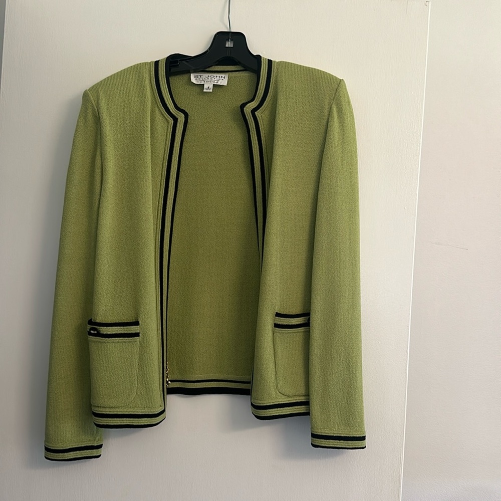 St John knit jacket. Lime and Black with fold accents. Size 8.